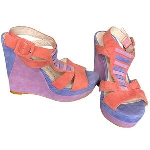 SACHA LONDON Opal Pink Blue Purple Suede Leather Wedge Strappy Sandal Size 6